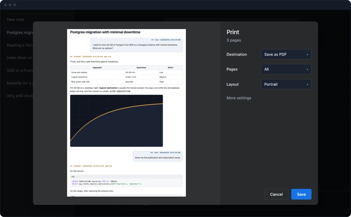 ChatGPT & DeepSeek to PDF — print a chat with searchable text