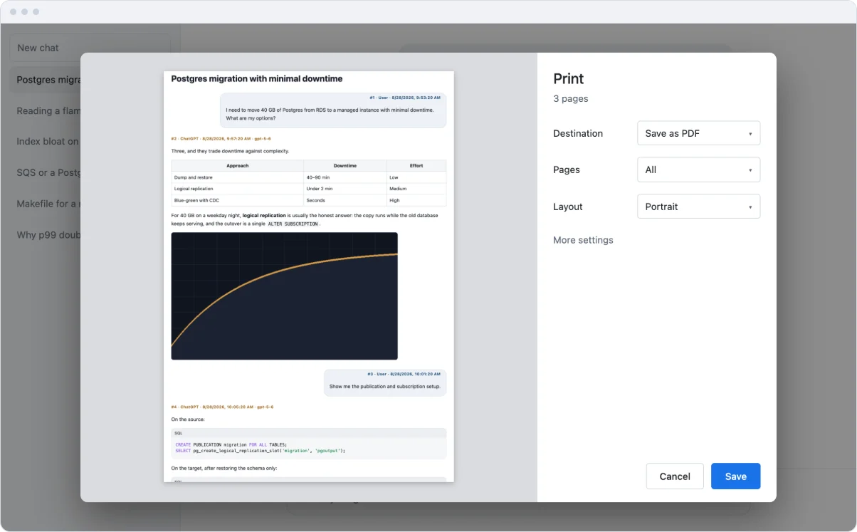 ChatGPT & DeepSeek to PDF — print a chat with searchable text